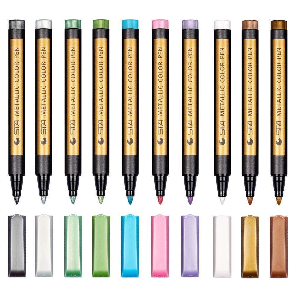 "10 metallic färgpennor, vattentäta, i olika färger för all användning, kreativa projekt och konstverk."