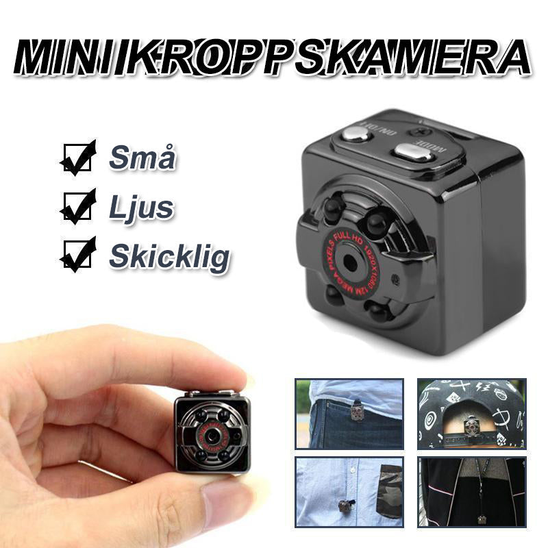 "1080P Mini bodykamera med mörkerseende, ljud och klämmor, perfekt för diskret inspelning i varje miljö."