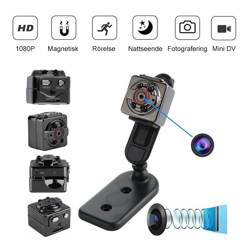 "1080P Mini bodykamera med mörkerseende, ljud och klämmor, perfekt för diskret inspelning i varje miljö."