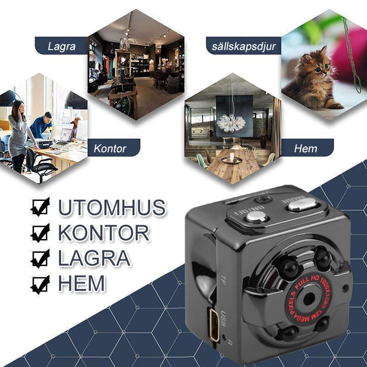 "1080P Mini bodykamera med mörkerseende, ljud och klämmor, perfekt för diskret inspelning i varje miljö."
