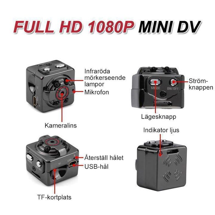 "1080P Mini bodykamera med mörkerseende, ljud och klämmor, perfekt för diskret inspelning i varje miljö."
