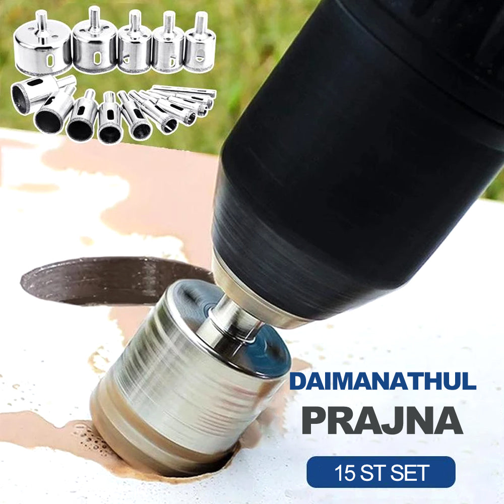 "15-pack diamantborrsats för glas, kakel och marmor, robust design, olika diametrar, idealisk för precision och hållbarhet."