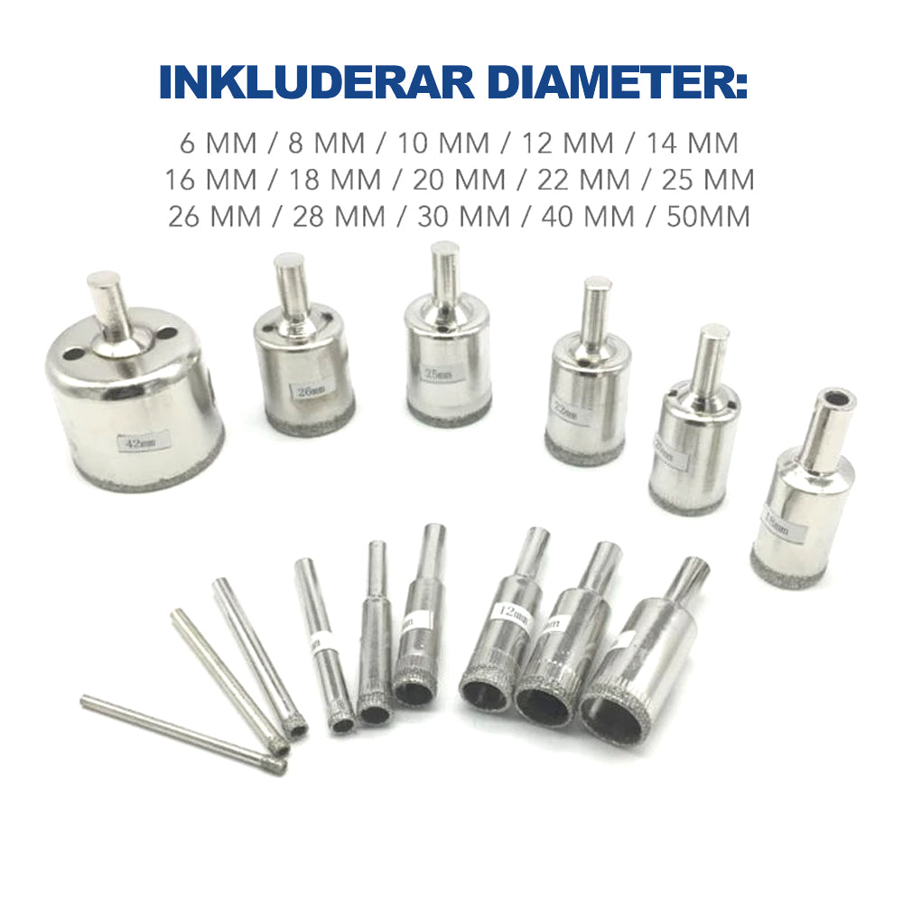 "15-pack diamantborrsats för glas, kakel och marmor, robust design, olika diametrar, idealisk för precision och hållbarhet."