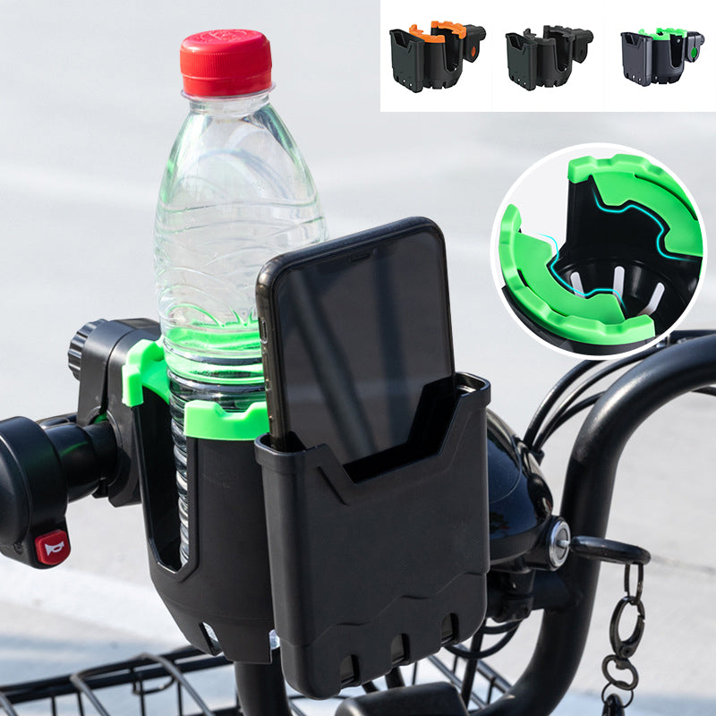 "2-i-1 dryckeshållare och telefonfäste av ABS, svart färg. Perfekt för cykel och barnvagn. Justerbar med silikonblad."