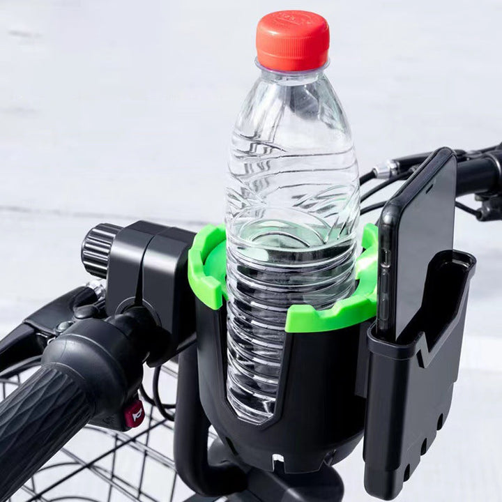 "2-i-1 dryckeshållare och telefonfäste av ABS, svart färg. Perfekt för cykel och barnvagn. Justerbar med silikonblad."