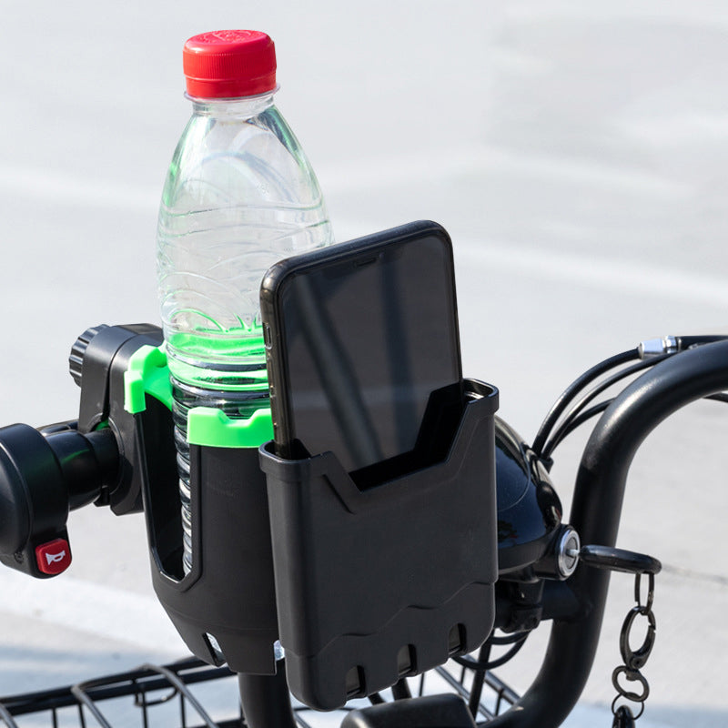 "2-i-1 dryckeshållare och telefonfäste av ABS, svart färg. Perfekt för cykel och barnvagn. Justerbar med silikonblad."