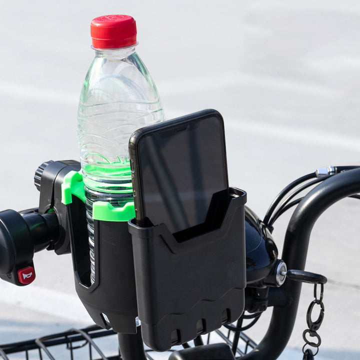 "2-i-1 dryckeshållare och telefonfäste av ABS, svart färg. Perfekt för cykel och barnvagn. Justerbar med silikonblad."