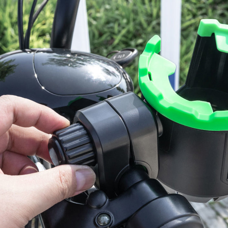 "2-i-1 dryckeshållare och telefonfäste av ABS, svart färg. Perfekt för cykel och barnvagn. Justerbar med silikonblad."