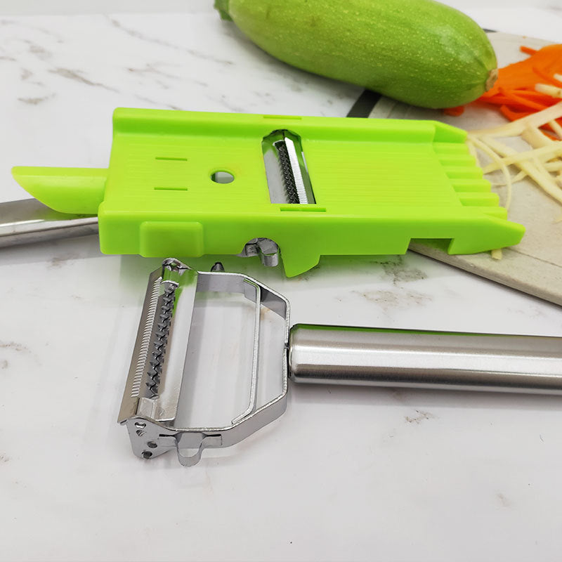 "2-i-1 rivare och skivare i rostfritt stål, elegant och hållbar design för köket, perfekt för frukt och grönsaker."