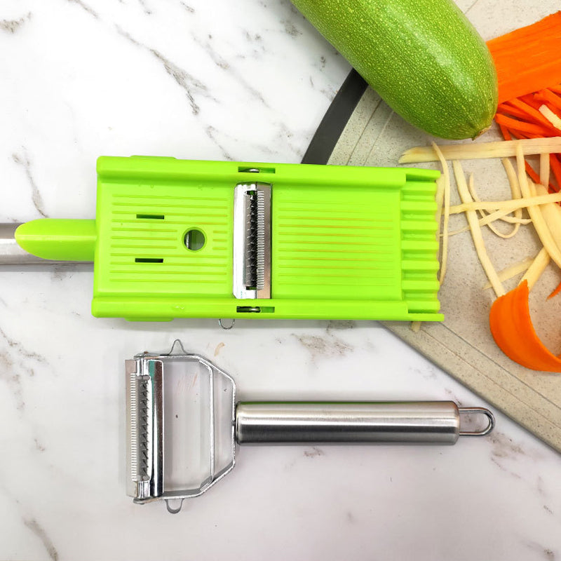 "2-i-1 rivare och skivare i rostfritt stål, elegant och hållbar design för köket, perfekt för frukt och grönsaker."