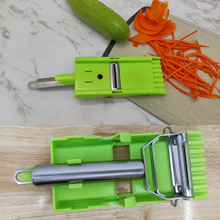 "2-i-1 rivare och skivare i rostfritt stål, elegant och hållbar design för köket, perfekt för frukt och grönsaker."