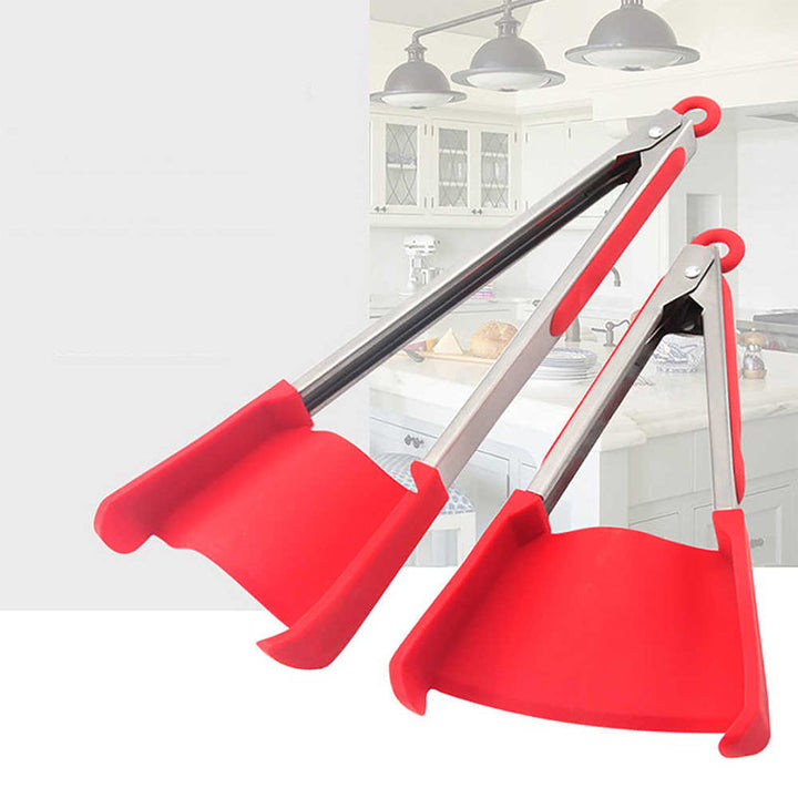 "2 i 1 spatel och tång, röd/grön silikon och rostfritt stål, köksverktyg för matlagning, non-stick, ergonomisk design"