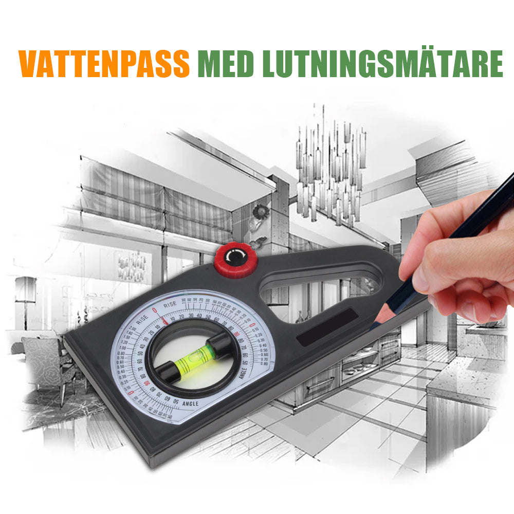 2 i 1 vattenpass och lutningsmätare, grön och grå, dubbellysrörsblåsor, solid och ergonomisk för exakt mätning.