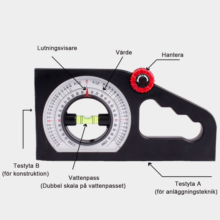 2 i 1 vattenpass och lutningsmätare, grön och grå, dubbellysrörsblåsor, solid och ergonomisk för exakt mätning.