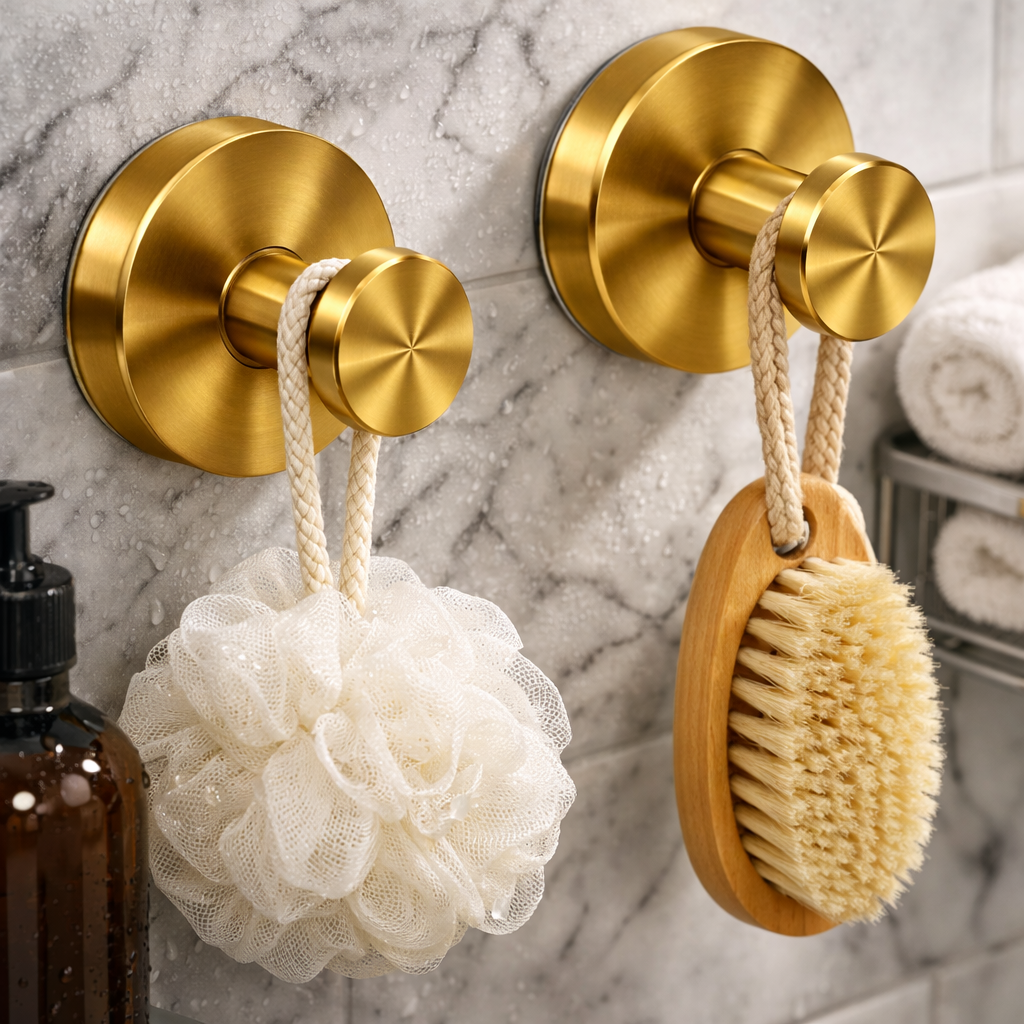 2-pack borrfritt duschkrokar med sugfäste i guld för badrum. Enkel vrid-och-lås installation utan verktyg.