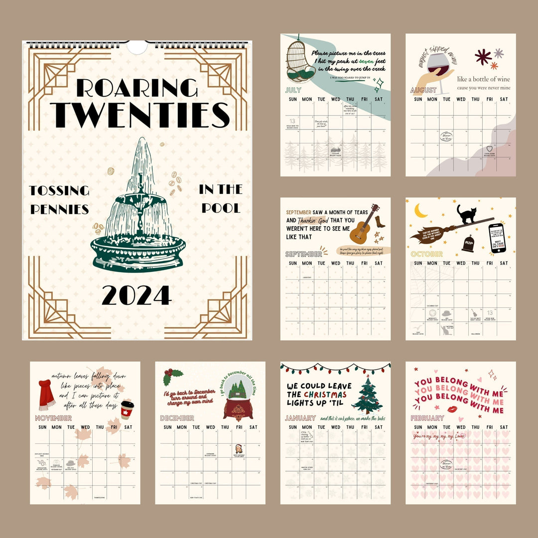 "2024 kalender med Taylor Swift låttexter, satinpapper, musikinspirerat konstverk för hem och kontor"