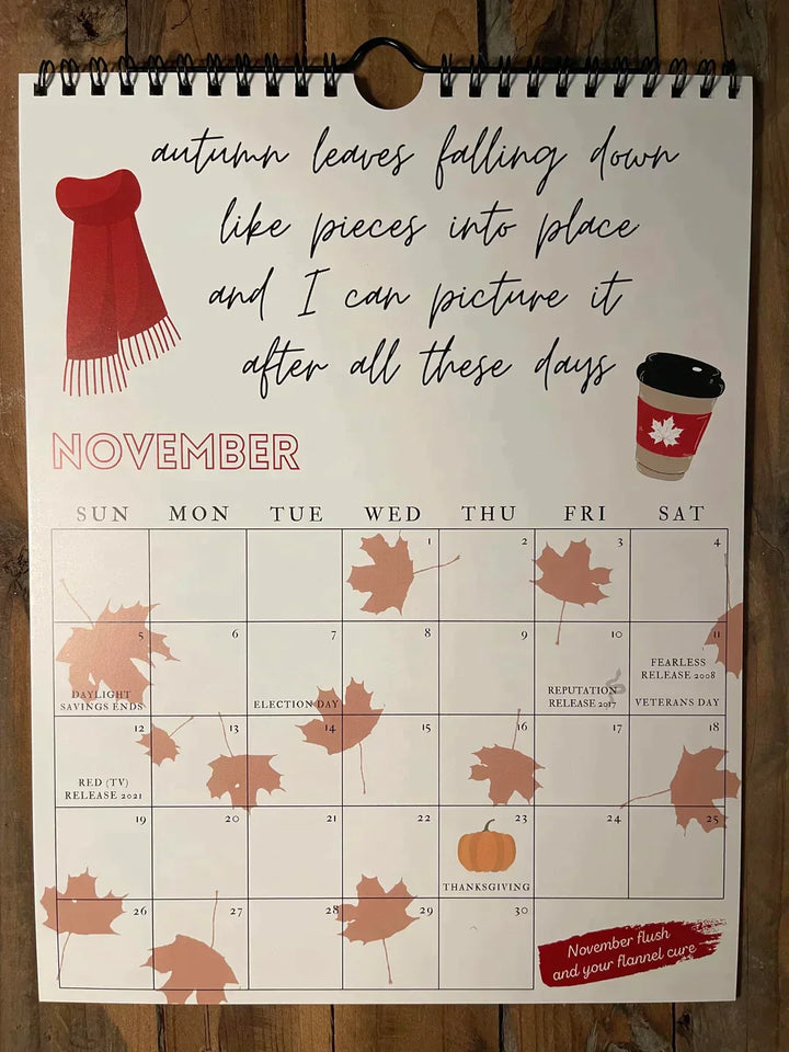 "2024 kalender med Taylor Swift låttexter, satinpapper, musikinspirerat konstverk för hem och kontor"