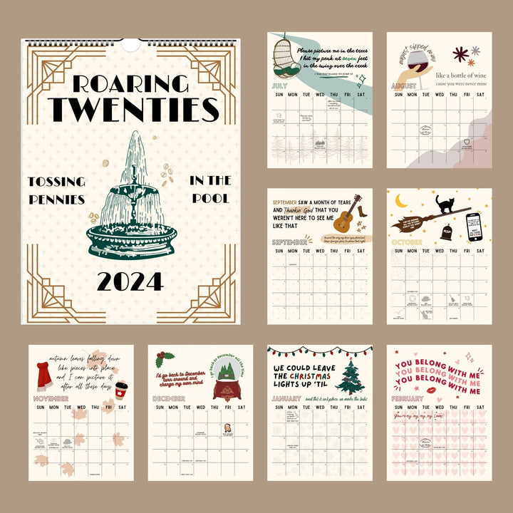 "2024 kalender med Taylor Swift låttexter, satinpapper, musikinspirerat konstverk för hem och kontor"