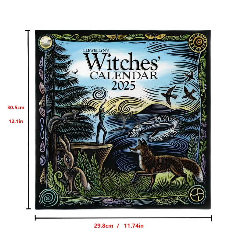 "2025 Häxornas Kalender med mystiska illustrationer och magiska ritualtips, perfekt för häxor och hedningar."