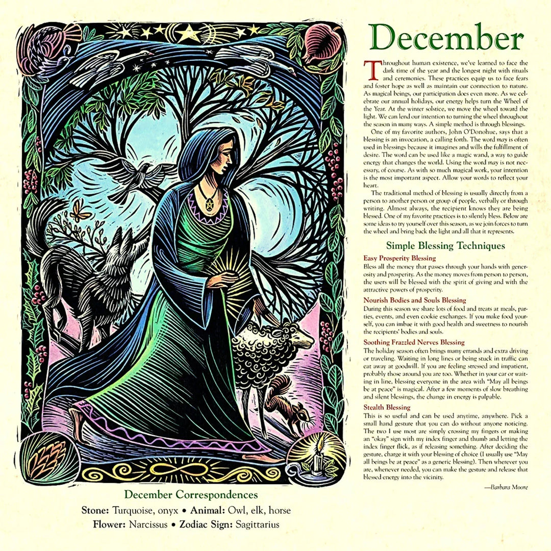 "2025 Häxornas Kalender med mystiska illustrationer och magiska ritualtips, perfekt för häxor och hedningar."