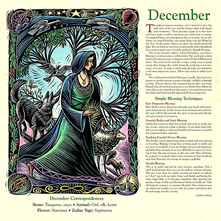 "2025 Häxornas Kalender med mystiska illustrationer och magiska ritualtips, perfekt för häxor och hedningar."