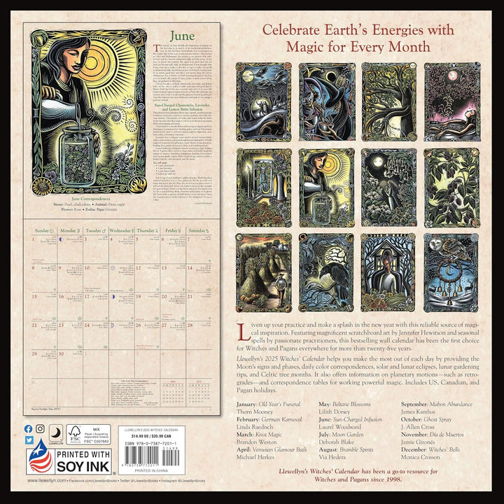"2025 Häxornas Kalender med mystiska illustrationer och magiska ritualtips, perfekt för häxor och hedningar."
