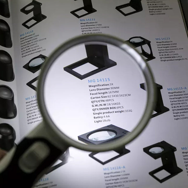 "20X förstoringsglas med LED-ljus; 80 mm akrylins, lätt design, perfekt för detaljerad syn och läsning för äldre."