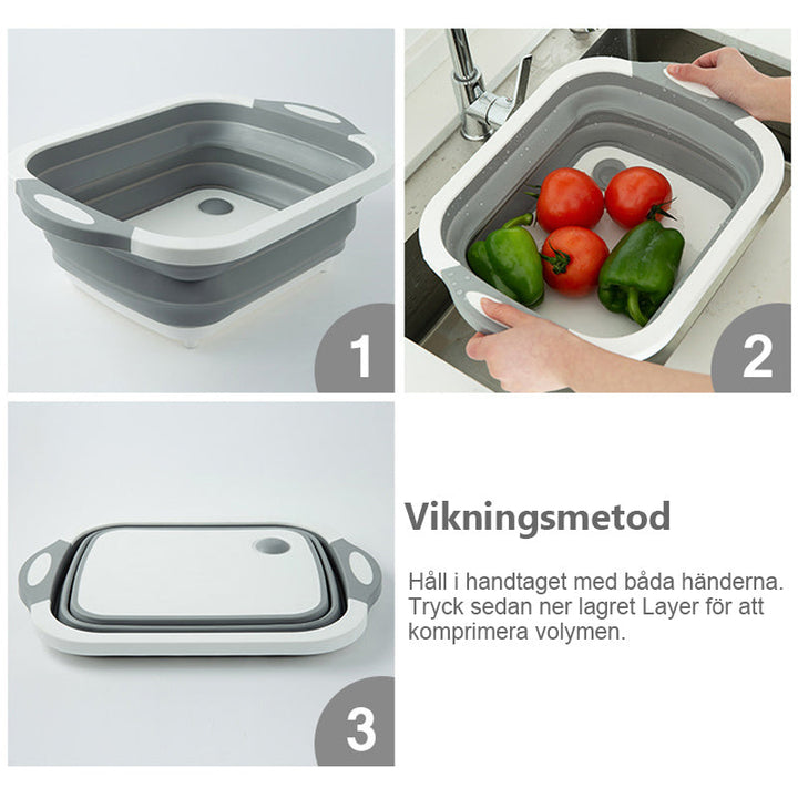 "3-i-1 hopfällbart köksredskap, skärbräda, tvättkorg, avloppskorg, multifunktionell och kompakt, PP+TPR-material"