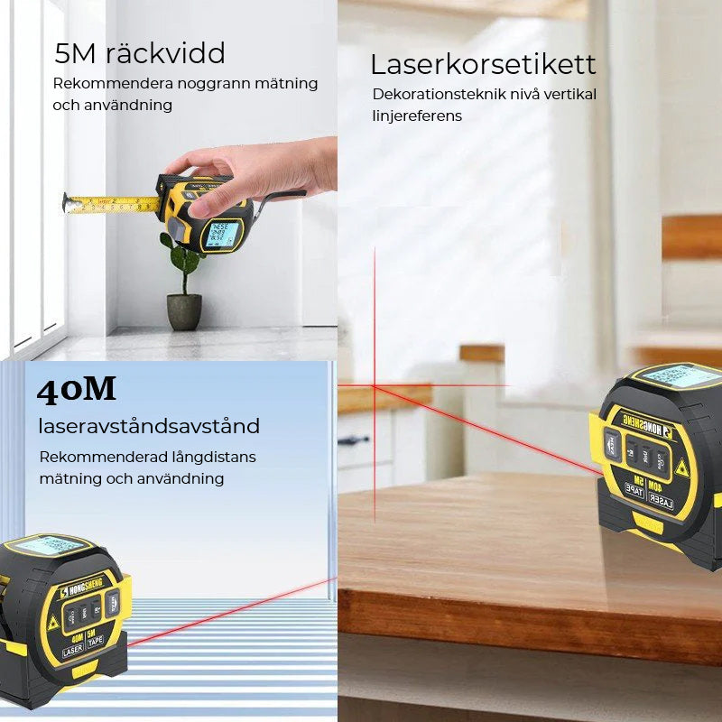 "3-i-1 infrarött laserbandmätverktyg med måttband och laserkors, blå och gul färg, för hemmafixare och proffs."