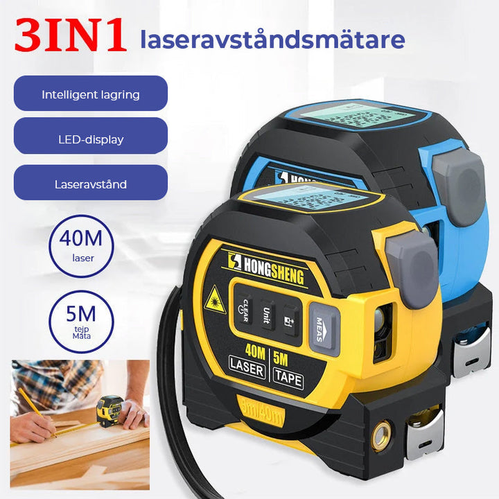 "3-i-1 infrarött laserbandmätverktyg med måttband och laserkors, blå och gul färg, för hemmafixare och proffs."