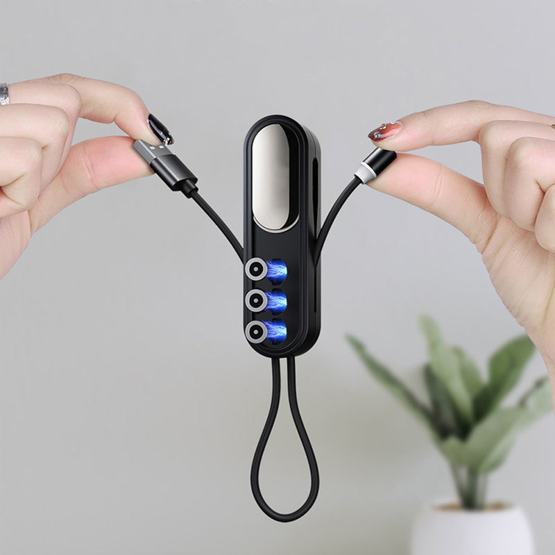 "3-i-1 magnetisk laddningskabel, svart, med förvaringslåda, små kontakter: Android, Type C, iPhone, kompakt design."