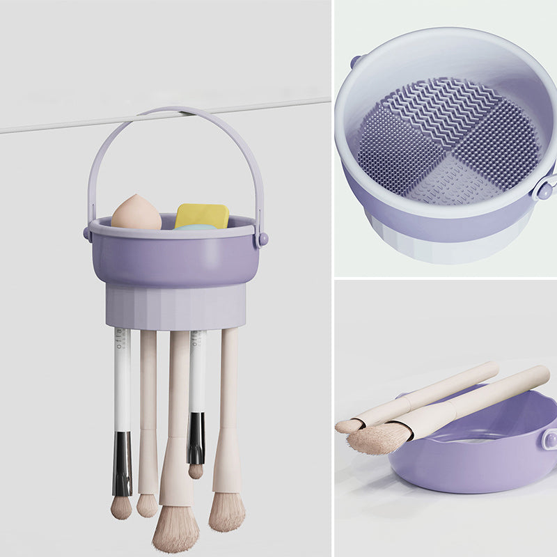 "3-i-1 makeupborstrengöringsskål med texturerad design för effektiv rengöring, torkning och förvaring av borstar."