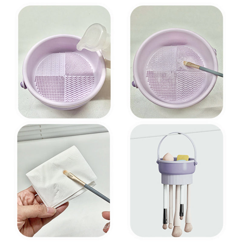 "3-i-1 makeupborstrengöringsskål med texturerad design för effektiv rengöring, torkning och förvaring av borstar."