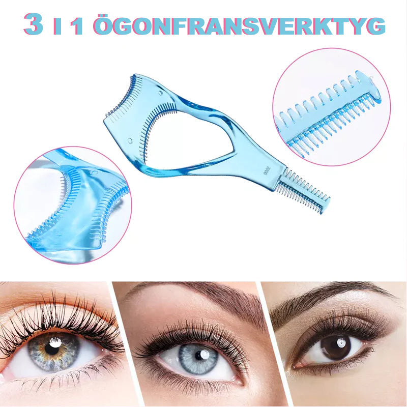"3-i-1 mascara applikatorskydd i lätt plast, böjd kam, skyddar ögonlock, separerar fransar, förbättrar sminkresultat."