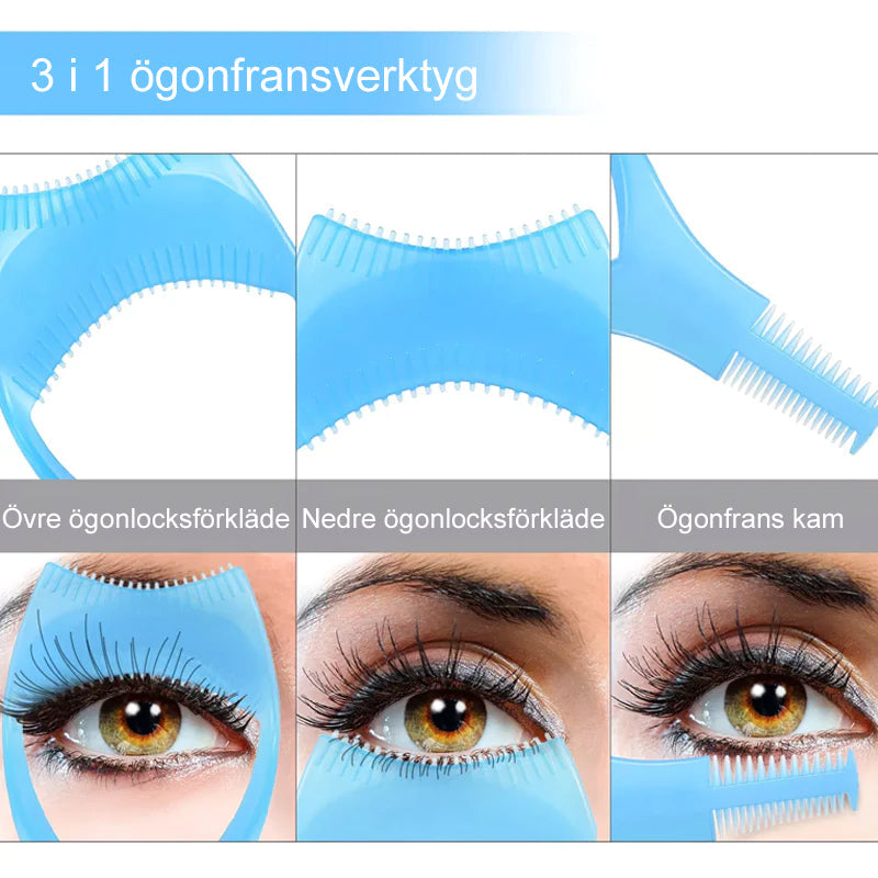 "3-i-1 mascara applikatorskydd i lätt plast, böjd kam, skyddar ögonlock, separerar fransar, förbättrar sminkresultat."