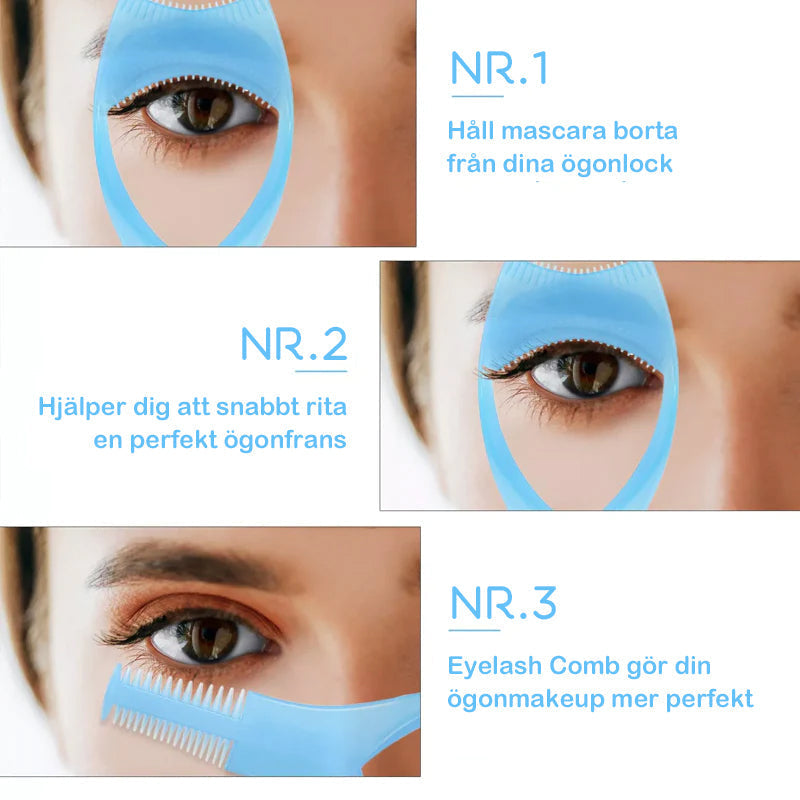 "3-i-1 mascara applikatorskydd i lätt plast, böjd kam, skyddar ögonlock, separerar fransar, förbättrar sminkresultat."