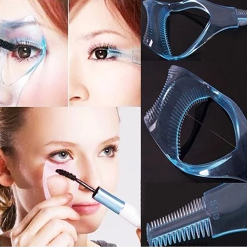 "3-i-1 mascara applikatorskydd i lätt plast, böjd kam, skyddar ögonlock, separerar fransar, förbättrar sminkresultat."