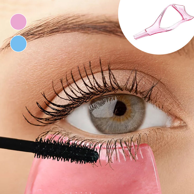 "3-i-1 mascara applikatorskydd i lätt plast, böjd kam, skyddar ögonlock, separerar fransar, förbättrar sminkresultat."