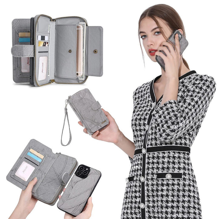 "3 i 1 mobilfodral för iPhone, konstläder, svart; kombinerar plånbok, hållare och handväska, elegant och praktiskt."