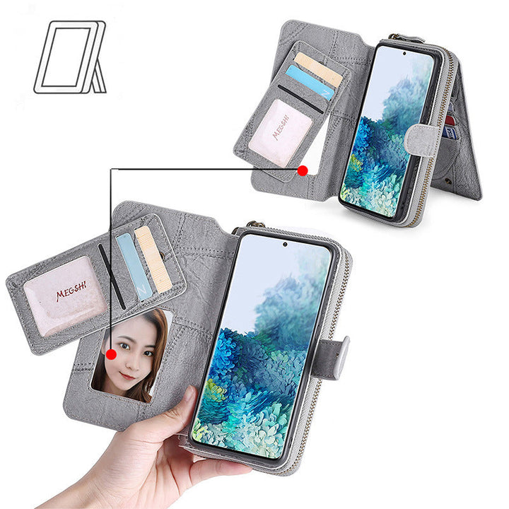 "3 i 1 mobilfodral för iPhone, konstläder, svart; kombinerar plånbok, hållare och handväska, elegant och praktiskt."
