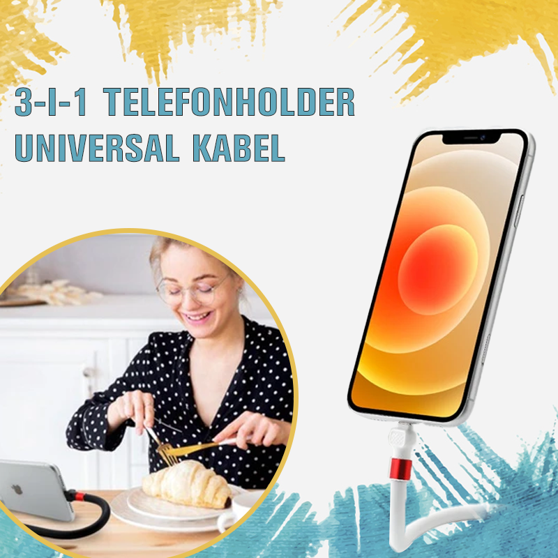"3-i-1 mobilhållare i metall, svart design för snabbladdning och dataöverföring, flexibel och hållbar teknologi."
