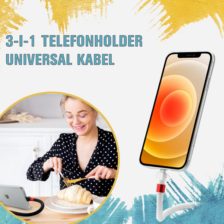 "3-i-1 mobilhållare i metall, svart design för snabbladdning och dataöverföring, flexibel och hållbar teknologi."