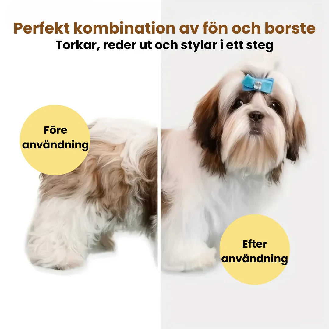 Pälsfön med inbyggd borste för hund och katt. Skonsam pälsvård som reder ut tovor och torkar pälsen.