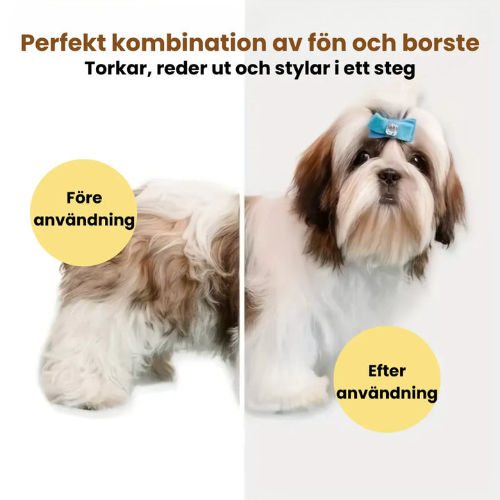 Pälsfön med inbyggd borste för hund och katt. Skonsam pälsvård som reder ut tovor och torkar pälsen.