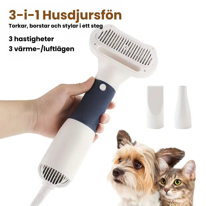 Detaljbild av 3-i-1 pälsfön. Ergonomisk design för bekväm och effektiv pälsvård för djur.