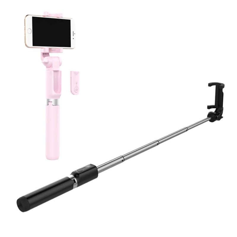 "3 i 1 trådlös Bluetooth selfiepinne med fjärrkontroll, justerbar längd, aluminiumstativ, i rosa, svart och vit."