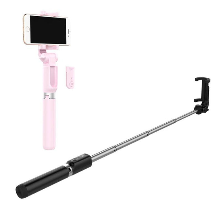 "3 i 1 trådlös Bluetooth selfiepinne med fjärrkontroll, justerbar längd, aluminiumstativ, i rosa, svart och vit."