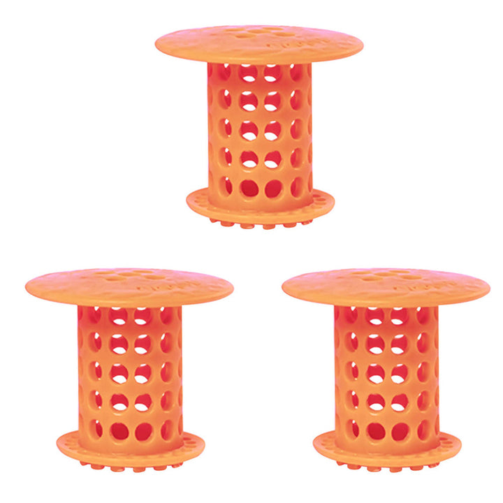 "3-pack dräneringsskydd i vit, blå och orange, anti-tilltäppning, passar standardavlopp, miljövänligt och effektivt."