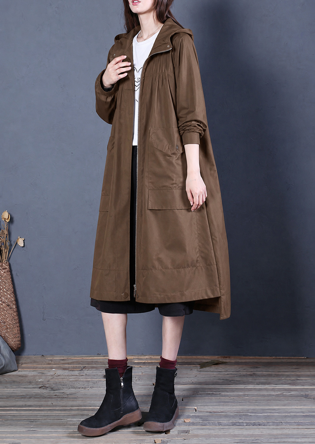 Kvinnors Trenchcoat med Hoodie och Dragkedja