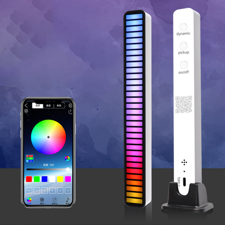 "32-bitars LED Rytmljus med 32 färgglada LED-lampor i aluminiumdesign för dynamisk musikvisualisering, ljudstyrt ljus."